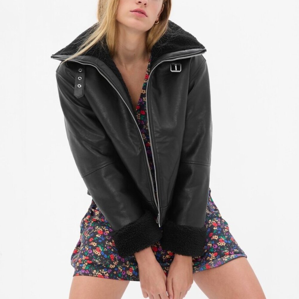NEW Gap Vegan Leather Sherpa-Trim Jacket